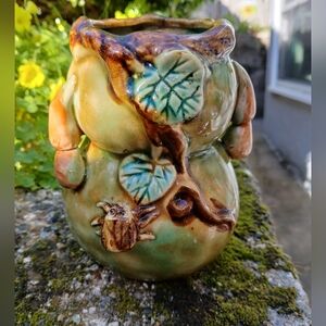 Vintage Majolica Glazed Pottery Vase Bug Leafs Hairline Fracture